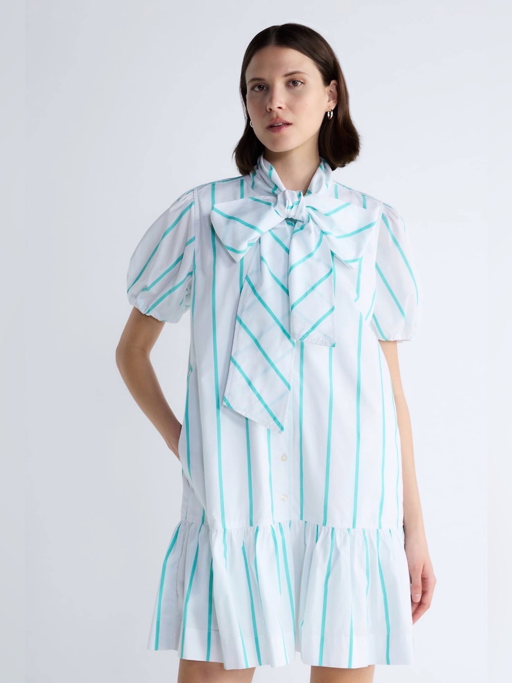 Free Assembly Women’s Tie Neck Striped Cotton Mini Dress